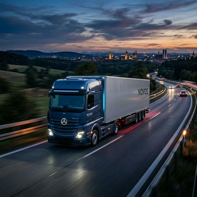 DENVAN truck moving along a European highway at dusk
